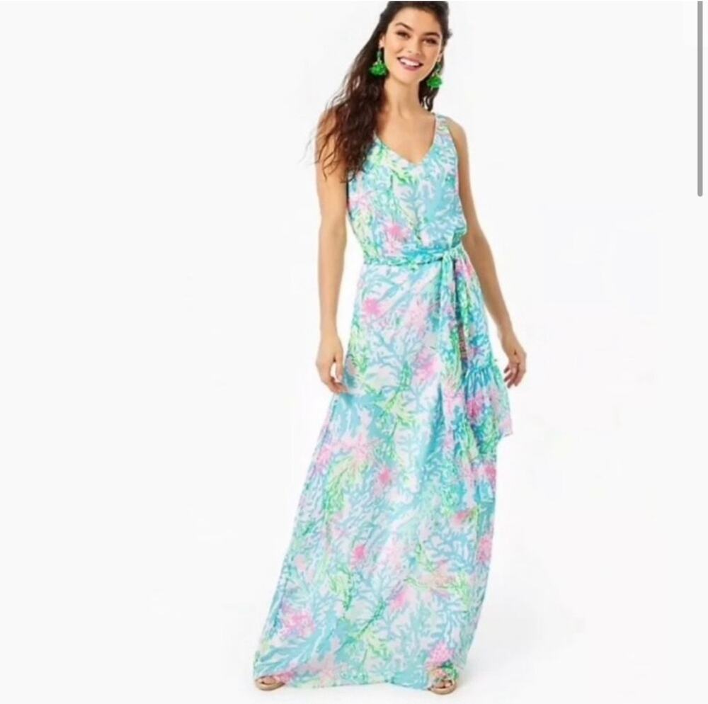 Lilly Pulitzer Maxi Dress — Blue & Pink Coral Print with Gold Metallic, Size M